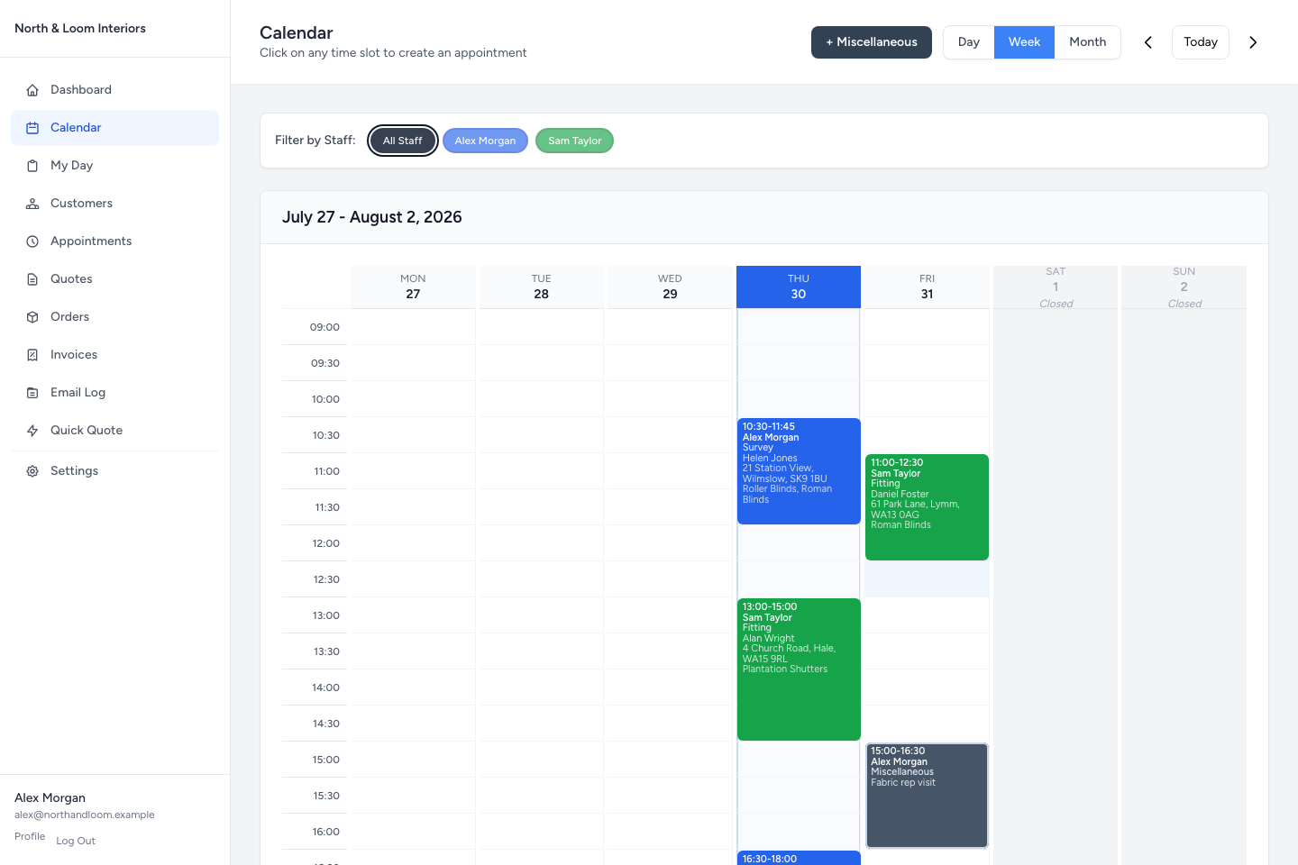 BlindDesk team calendar with survey, fitting and miscellaneous appointments